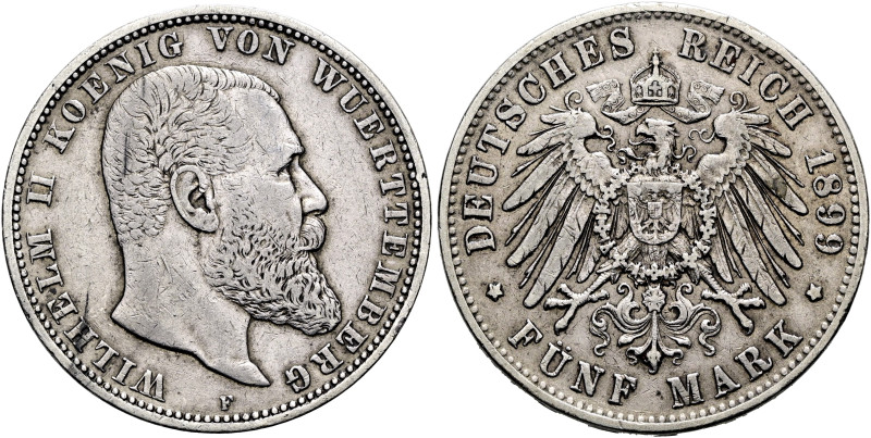 REICHSSILBERMÜNZEN. WÜRTTEMBERG. Wilhelm II., 1891-1918. 5 Mark (27.65g). 1899 F...