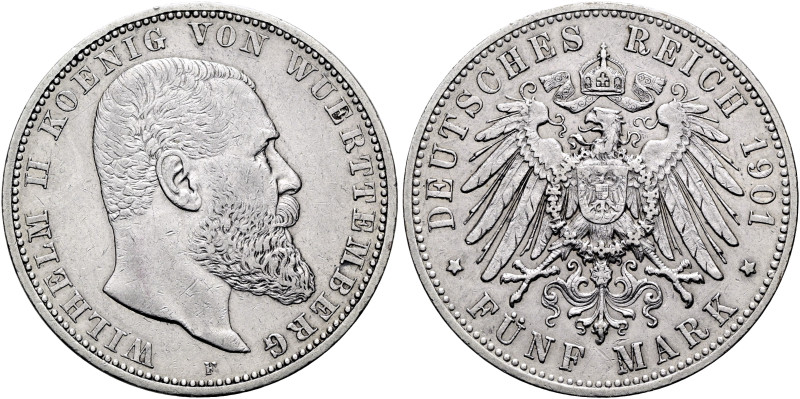 REICHSSILBERMÜNZEN. WÜRTTEMBERG. Wilhelm II., 1891-1918. 5 Mark (27.68g). 1901 F...