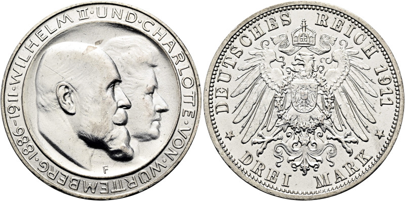 REICHSSILBERMÜNZEN. WÜRTTEMBERG. Wilhelm II., 1891-1918. 3 Mark (16.61g). 1911 F...