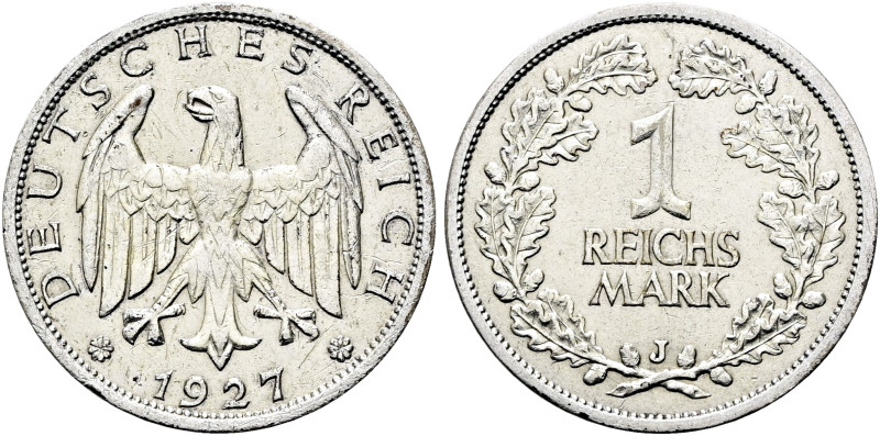 WEIMARER REPUBLIK. KURSMÜNZEN. Reichsmark (4.93g). 1927 J, Hamburg. Reichsadler,...