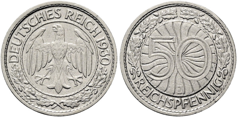 WEIMARER REPUBLIK. KURSMÜNZEN. 50 Reichspfennig (3.51g). 1930 J, Hamburg. Reichs...