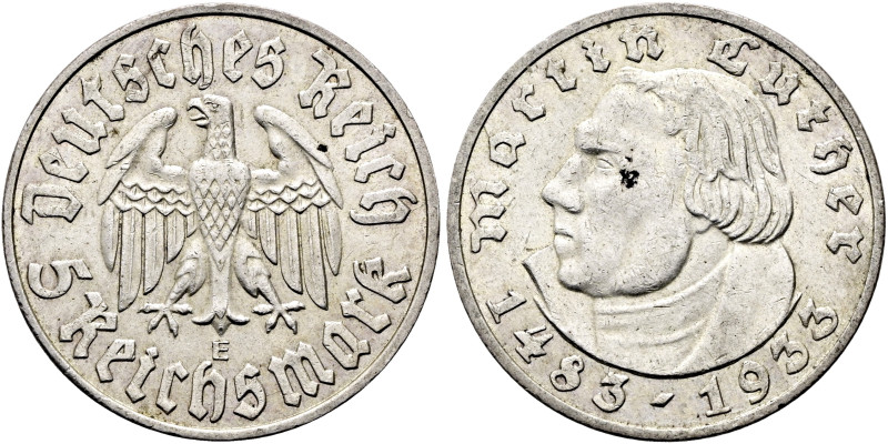 DRITTES REICH. 5 Reichsmark (13.81g). 1933 E, Muldenhütten. Auf den 450. Geburts...