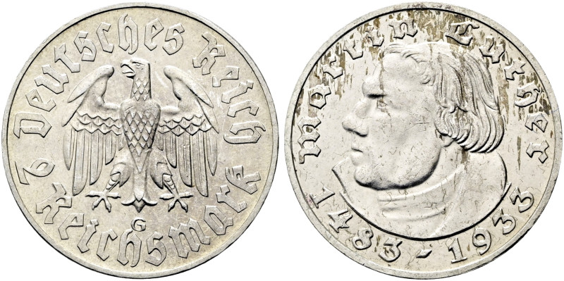 DRITTES REICH. 2 Reichsmark (8.03g). 1933 G, Karlsruhe. Auf den 450. Geburtstag ...