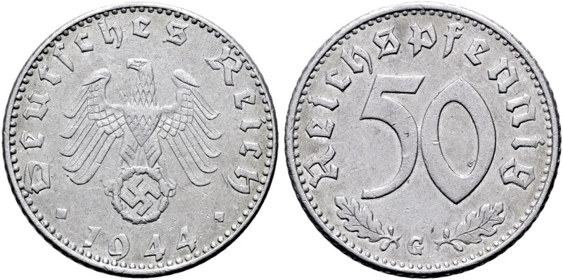 DRITTES REICH. 50 Reichspfennig (1.38g). 1944 G, Karlsruhe. Reichsadler mit Hake...