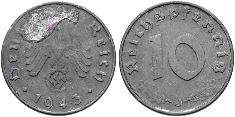 DRITTES REICH. 10 Reichspfennig (3.53g). 1943 J, Hamburg. Reichsadler mit Hakenk...