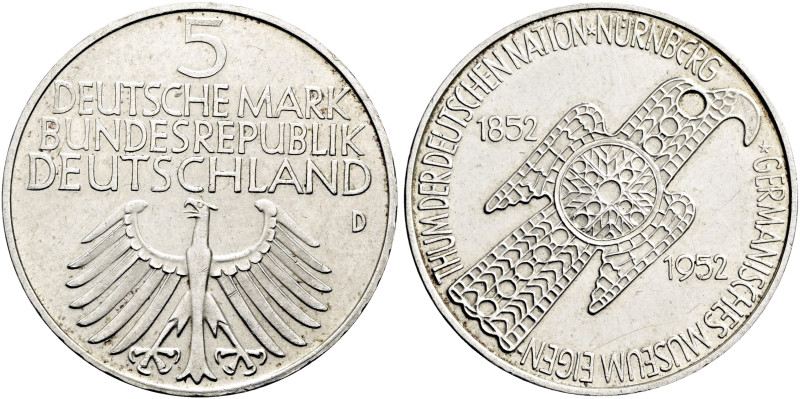 B R D. DM Währung bis 2001. 5 Deutsche Mark (11.27g). 1952 D, München. 100 Jahre...