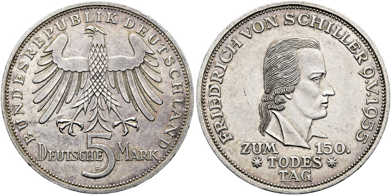 B R D. DM Währung bis 2001. 5 Deutsche Mark (11.11g). 1955 F, Stuttgart. Auf den...