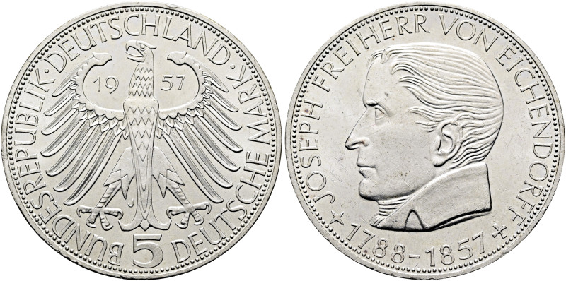 B R D. DM Währung bis 2001. 5 Deutsche Mark (11.20g). 1957 J, Hamburg. Auf den 1...