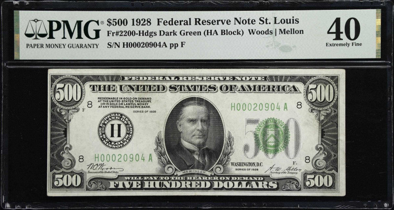 Fr. 2200-Hdgs. 1928 Dark Green Seal $500 Federal Reserve Note. St. Louis. PMG Ex...