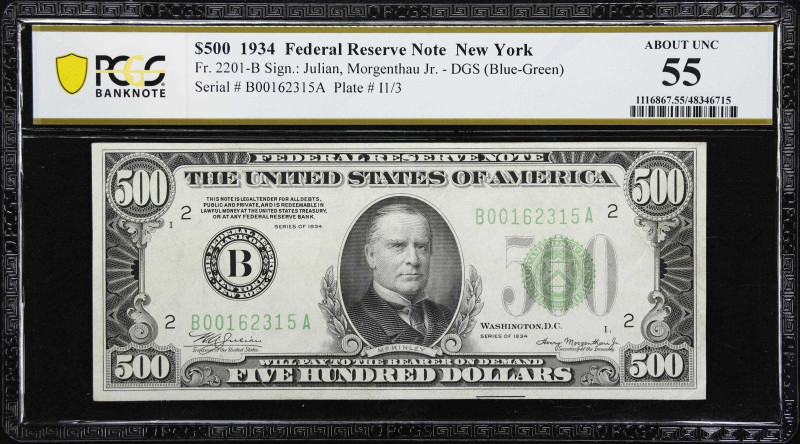 Fr. 2201-B. 1934 Dark Green Seal $500 Federal Reserve Note. New York. PCGS Bankn...