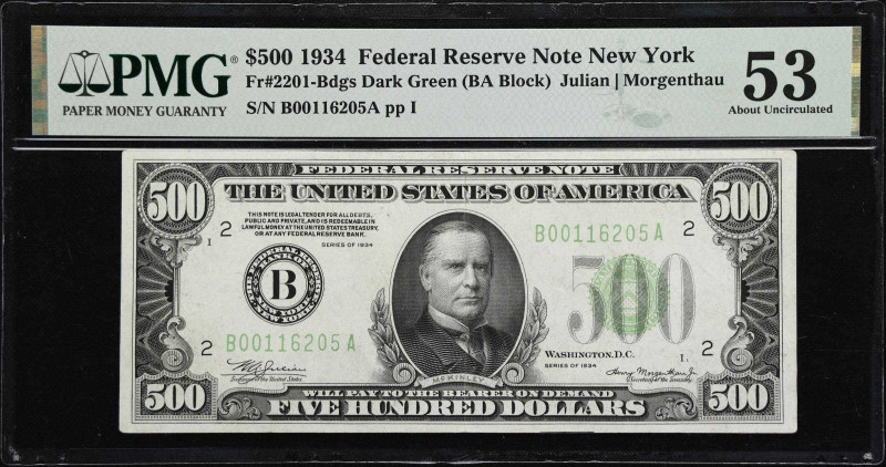 Fr. 2201-Bdgs. 1934 Dark Green Seal $500 Federal Reserve Note. New York. PMG Abo...