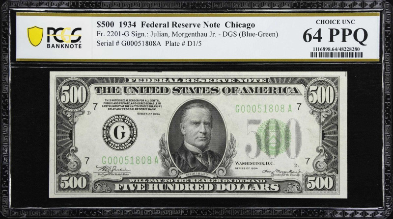 Fr. 2201-G. 1934 Dark Green Seal $500 Federal Reserve Note. Chicago. PCGS Bankno...