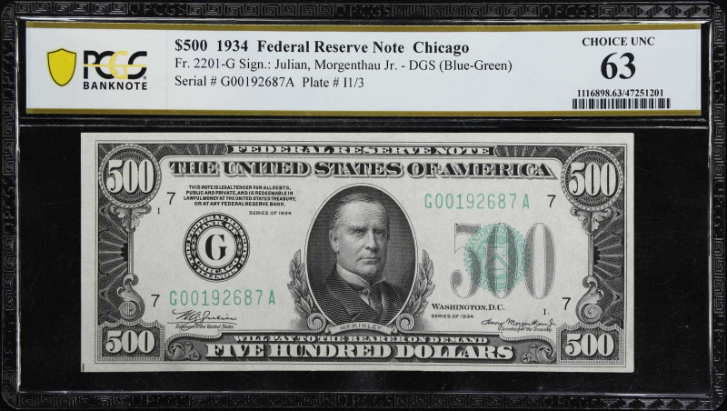 Fr. 2201-G. 1934 Dark Green Seal $500 Federal Reserve Note. Chicago. PCGS Bankno...