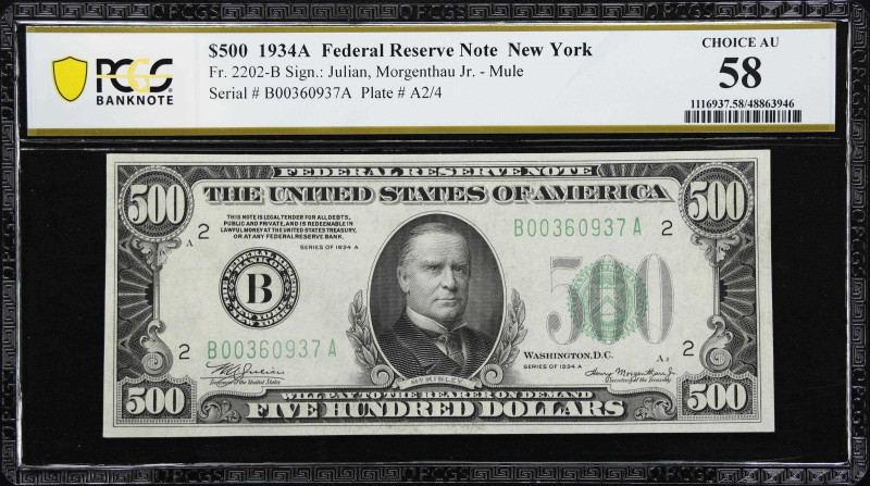 Fr. 2202-B. 1934A $500 Federal Reserve Mule Note. New York. PCGS Banknote Choice...