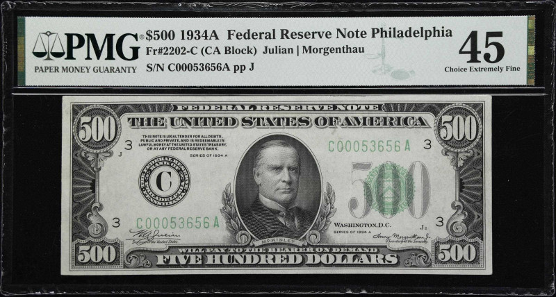 Fr. 2202-C. 1934A $500 Federal Reserve Note. Philadelphia. PMG Choice Extremely ...