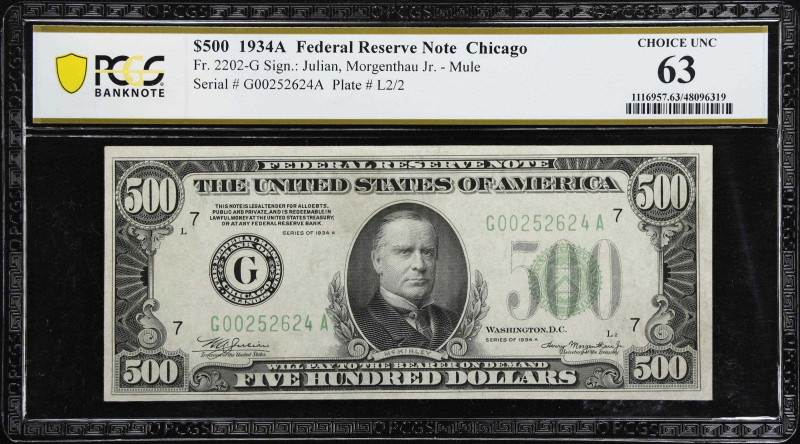 Fr. 2202-G. 1934A $500 Federal Reserve Mule Note. Chicago. PCGS Banknote Choice ...