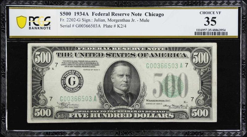 Fr. 2202-G. 1934A $500 Federal Reserve Mule Note. Chicago. PCGS Banknote Choice ...