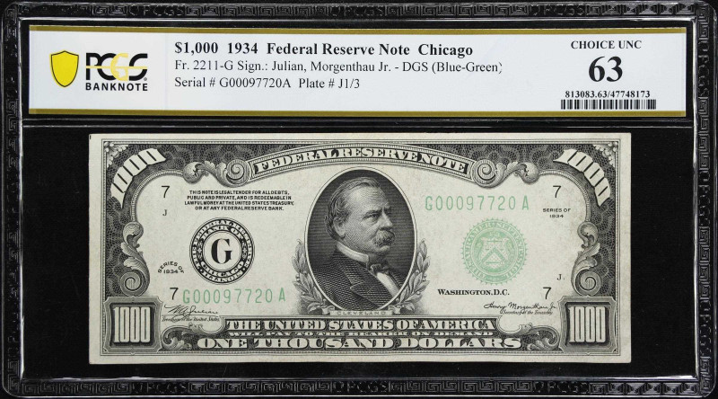 Fr. 2211-G. 1934 Dark Green Seal $1000 Federal Reserve Note. Chicago. PCGS Bankn...