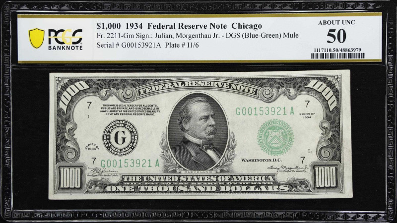 Fr. 2211-Gm. 1934 Dark Green Seal $1000 Federal Reserve Mule Note. Chicago. PCGS...