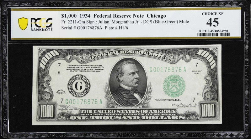 Fr. 2211-Gm. 1934 Dark Green Seal $1000 Federal Reserve Mule Note. Chicago. PCGS...