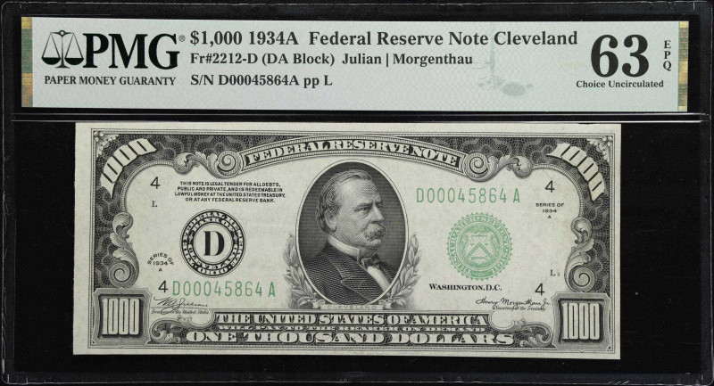 Fr. 2212-D. 1934A $1000 Federal Reserve Note. Cleveland. PMG Choice Uncirculated...