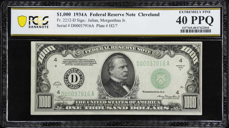 Fr. 2212-D. 1934A $1000 Federal Reserve Note. Cleveland. PCGS Banknote Extremely...