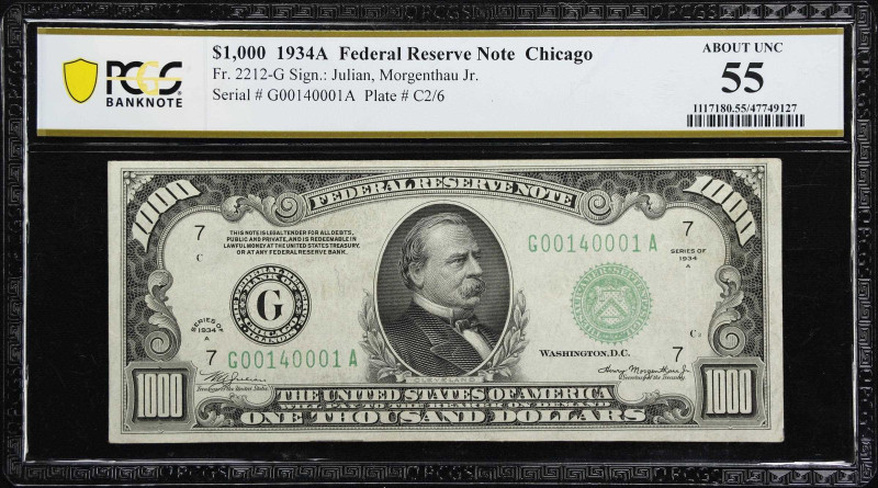 Fr. 2212-G. 1934A $1,000 Federal Reserve Note. Chicago. PCGS Banknote About Unci...