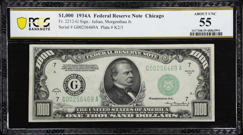 Fr. 2212-G. 1934A $1000 Federal Reserve Note. Chicago. PCGS Banknote About Uncir...