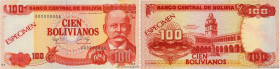 Country : BOLIVIA 
Face Value : 100 Bolivianos Spécimen 
Date : (1987) 
Period/Province/Bank : Banco Central de Bolivia 
Catalogue reference : P.207s ...