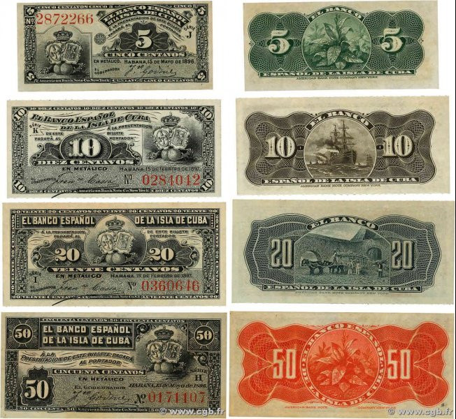 Country : CUBA 
Face Value : 5, 10, 20, 50 Centavos Lot 
Date : 1896-1897 
Perio...