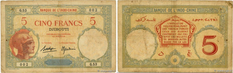 Country : DJIBOUTI 
Face Value : 5 Francs 
Date : (1936) 
Period/Province/Bank :...