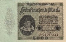 Deutsches Reich bis 1945
Geldscheine der Inflation 1919-1924 5000 Mark 15.3.1923. Serie A Ro. 86 Selten. III-