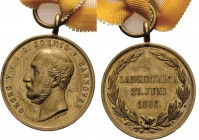 Orden deutscher Länder Hannover
Langensalza-Medaille Verliehen 1866 Messing bronziert. 36 mm. Mit Band. Im Rand Name des Beliehenen: A.G. ERLT OEK 74...