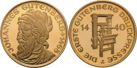 Buchdruck
 Goldmedaille o.J. Johannes Gutenberg und die erste Gutenberg Druckpresse. Brustbild Gutenberg nach links / Druckpresse. Rv-Punze: 900. 32,...