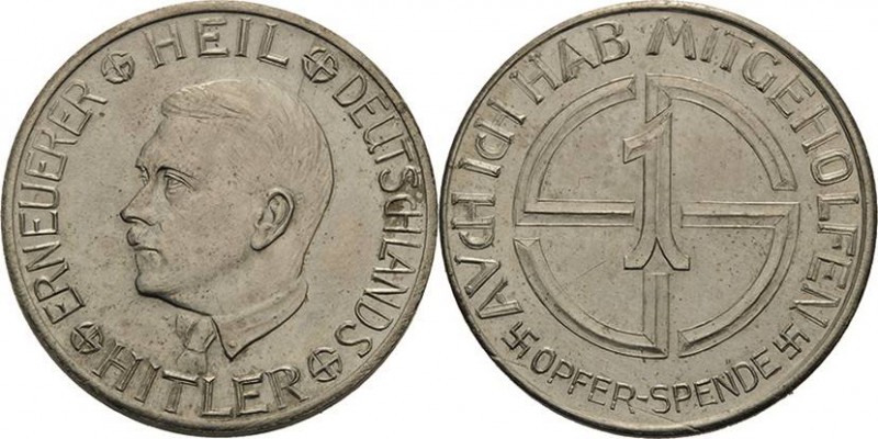 Drittes Reich
 Kupfer-Nickelmedaille o.J. "Opferspende". Kopf Hitlers nach link...