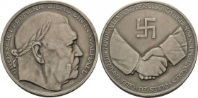 Drittes Reich
 Silbermedaille 1934 (BB) Tod Pauls von Hindenburg und sein Einzug in Walhall. Kopf nach rechts / Handschlag unter Hakenkreuz. Randpunz...