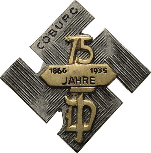 Drittes Reich
 Teilvergoldetes Weißmetallabzeichen 1935. 75 Jahre Turnbund Cobu...