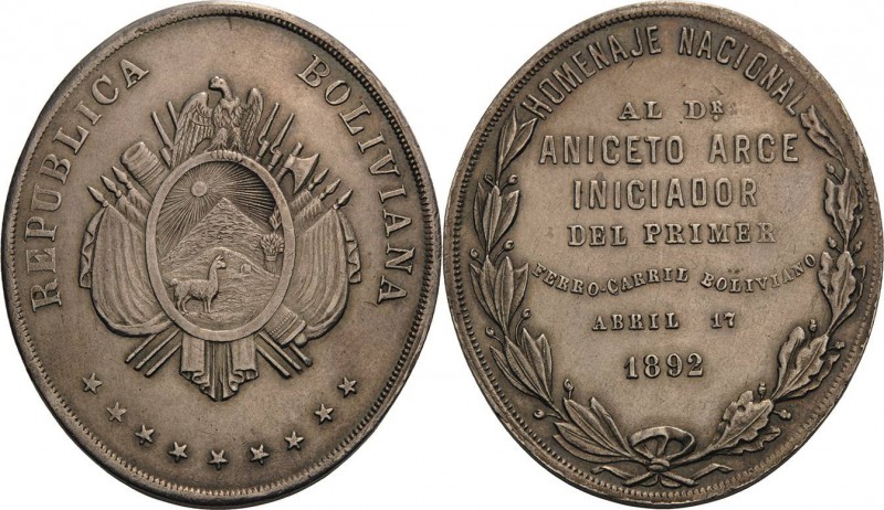 Eisenbahnen
 Ovale Silbermedaille 1892. Auf die Fertigstellung der Bolivianisch...