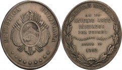 Eisenbahnen
 Ovale Silbermedaille 1892. Auf die Fertigstellung der Bolivianischen Eisenbahn. Wappen Boliviens / 7 Zeilen Schrift auf Lorbeer-Eichenkr...