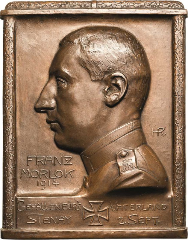 Erster Weltkrieg
 Einseitige hohle Bronzegußplakette 1914 (Signatur HR) Auf den...