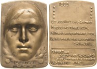 Jugendstil
 Bronzeplakette 1909 (Jean Lecroart) "La Pensée" Frauengesicht von vorn / Schrift. 63,7 x 45 mm, 103,36 g Kl. Flecke, vorzüglich