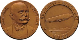 Luft- und Raumfahrt
 Bronzemedaille 1909 (Mayer & Wilhelm) Fahrten der Zeppelin-Luftschiffe. Brustbild des Grafen halbrechts / Luftschiff über Bodens...