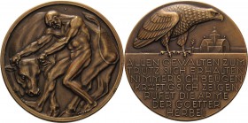 Medailleur Bosselt, Rudolf 1871-1938
 Bronzemedaille o.J. (1910). Nackter Mann packt Stier bei den Hörnern und ringt mit ihm / Adler auf einer Brüstu...