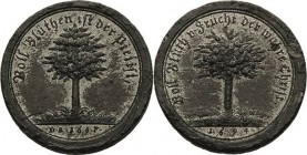 Medailleur Wermuth, Christian 1661 - 1739
 Zinkmedaille 1694. Spottmedaille auf den Pietismus. Blühender Baum auf einer Wiese / Früchte tragender Bau...