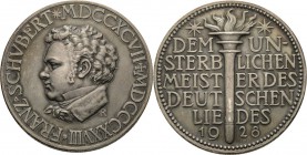 Personenmedaillen
Schubert, Franz 1797-1828 Silbermedaille 1928 (K. Roth) 100. Todestag. Kopf nach links / 6 Zeilen Schrift um Fackel. Randschrift: B...