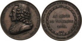 Personenmedaillen
Voltaire, Francois Marie Arouet de 1694-1778 Bronzemedaille 1820 (Caque) Auf seine Genialität. Brustbild nach links / Schrift im Lo...