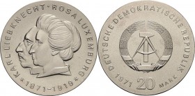 Gedenkmünzen
 20 Mark 1971. Liebknecht/Luxemburg Jaeger 1533 Kl. Flecke, vorzüglich-Stempelglanz