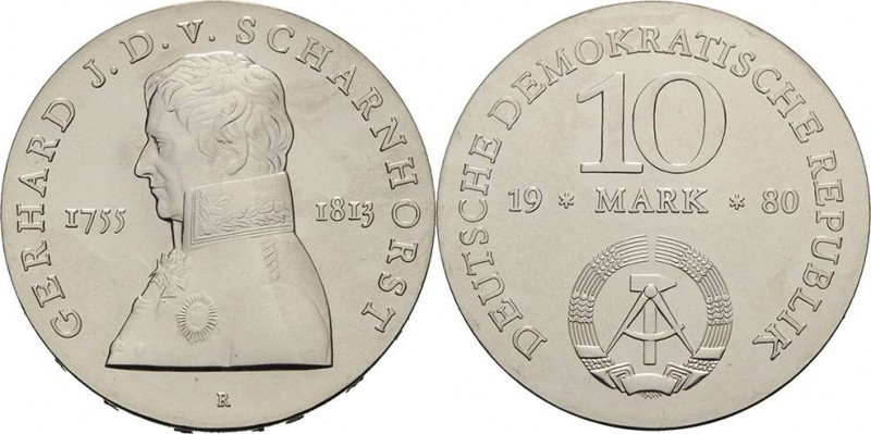 Gedenkmünzen
 10 Mark 1980. Scharnhorst Jaeger 1577 Fast Stempelglanz