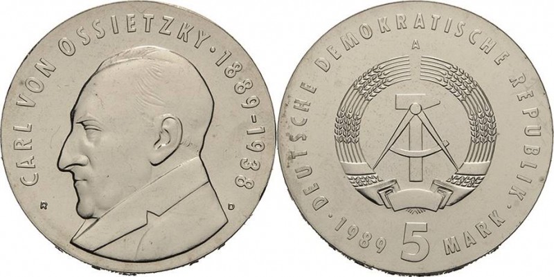 Gedenkmünzen
 5 Mark 1989. Ossietzky Jaeger 1628 Kl. Randfehler, fast Stempelgl...