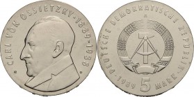 Gedenkmünzen
 5 Mark 1989. Ossietzky Jaeger 1628 Kl. Randfehler, fast Stempelglanz